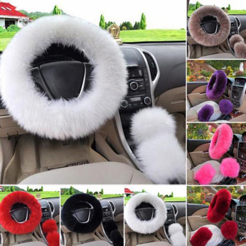 

Solid Soft Warm Long Wool Fuzzy Steering Wheel Cover Woolen Handbrake Car Accessory Sheep Plush Protector Cover Kit