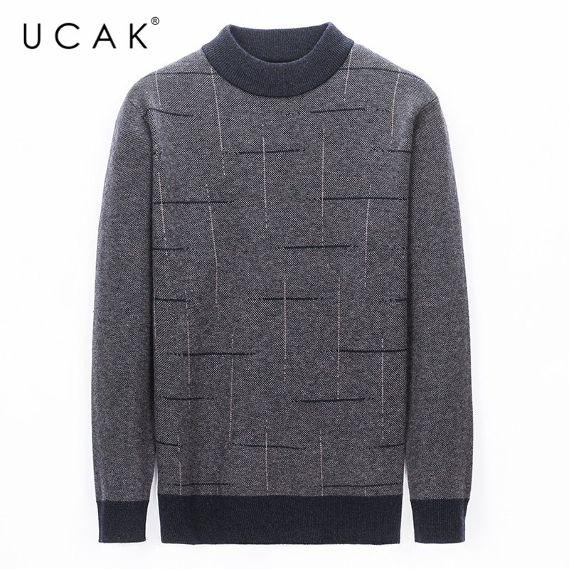 

UCAK Brand WInter Warm Sweaters Men Clothing New Streetwear Pure Merino Wool Sweater Pull Homme Casual Pullover Colthes U3207, Gray
