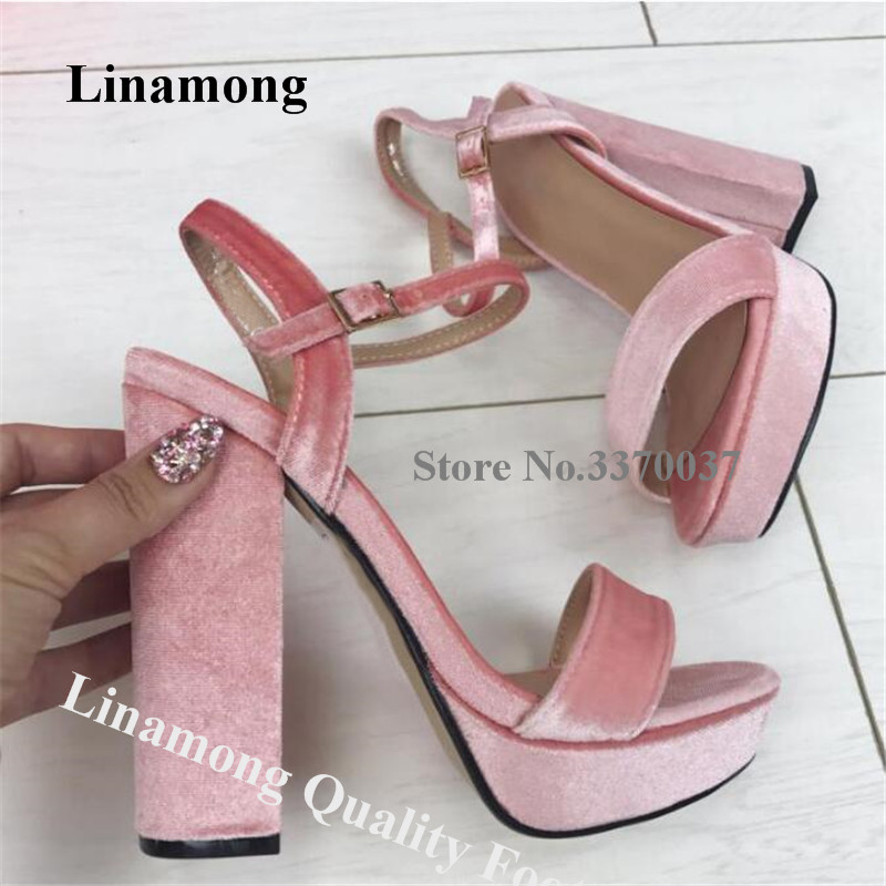 

Linamong Elegant High Platform Velvet Chuunky Heel Sandals PInk Grey One Strap Ankle Strap Thick High Heel Sandals Dress Heels, As picture