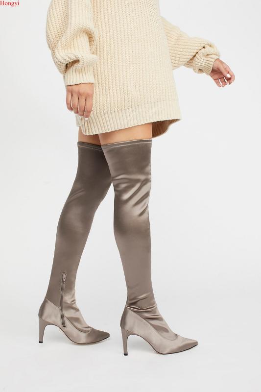 

2020 Winter High Quality Satin Fabric Over The Knee Pointed Toe Boots Women Thigh High Thin heeled Slim Fit Gladiator Booty, As showed color