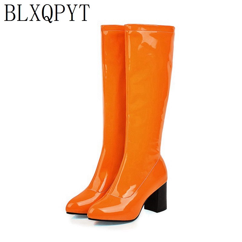 

BLXQPYT New Winter Autumn women Boots 2020 Big Size 34-48 Knee High Boots Zip High Heels Long Platform Knight shoes woman 8755, Orange without fur