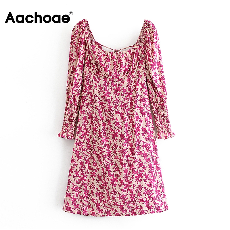 

Aachoae Women Long Sleeve Floral Print Dress Back Bow Tie Hollow Out Holiday Dress Sweet A Line Ruffle Mini Dresses Robe Femme