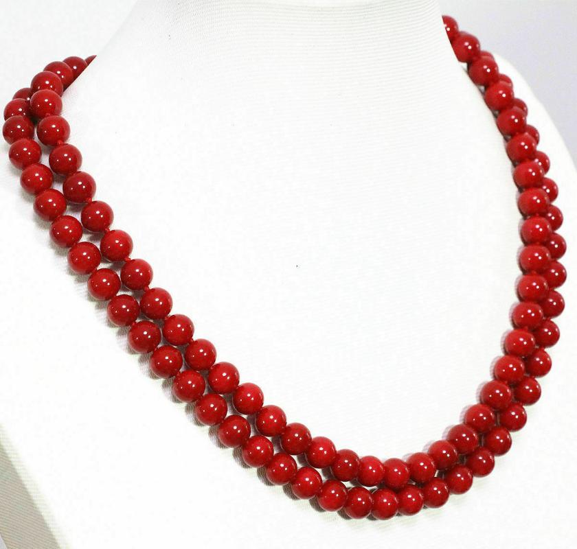 

2 Rows 6-7mm Red / Pink Japan Sea Red Coral Round Gemstones Beads Necklace