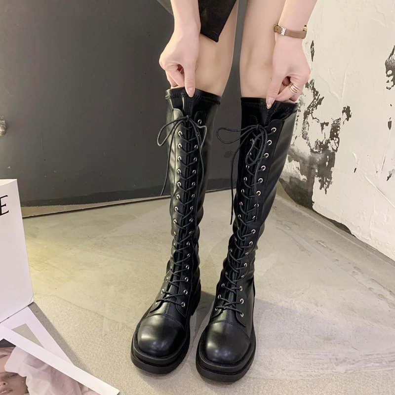 

Women Autumn Winter Knee High Boots Fashion Cross-tied PU Leather Long Boots Female Round Toe Platform Botas Mujer 2020, Beige