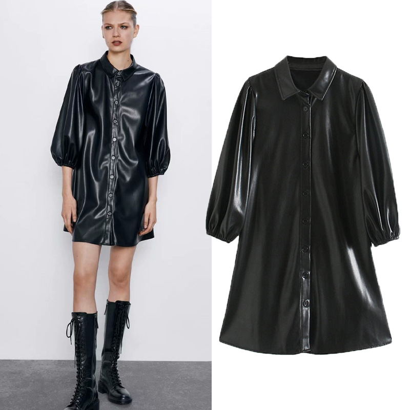 

2020 Spring autumn new Casual Loose Lapel Button PU Leather black zaraing women 2020 sheining vadiming zanzeaing zafuler Dress, As pic