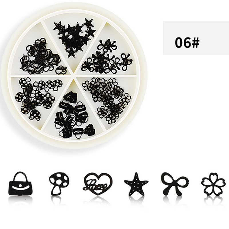 

Nail Art Metal Patch 3D Sequins For Nails 6 Styles Per Box Mixed Bowknot Snowflake Gear Chrome Nail Art Sequins Decorations