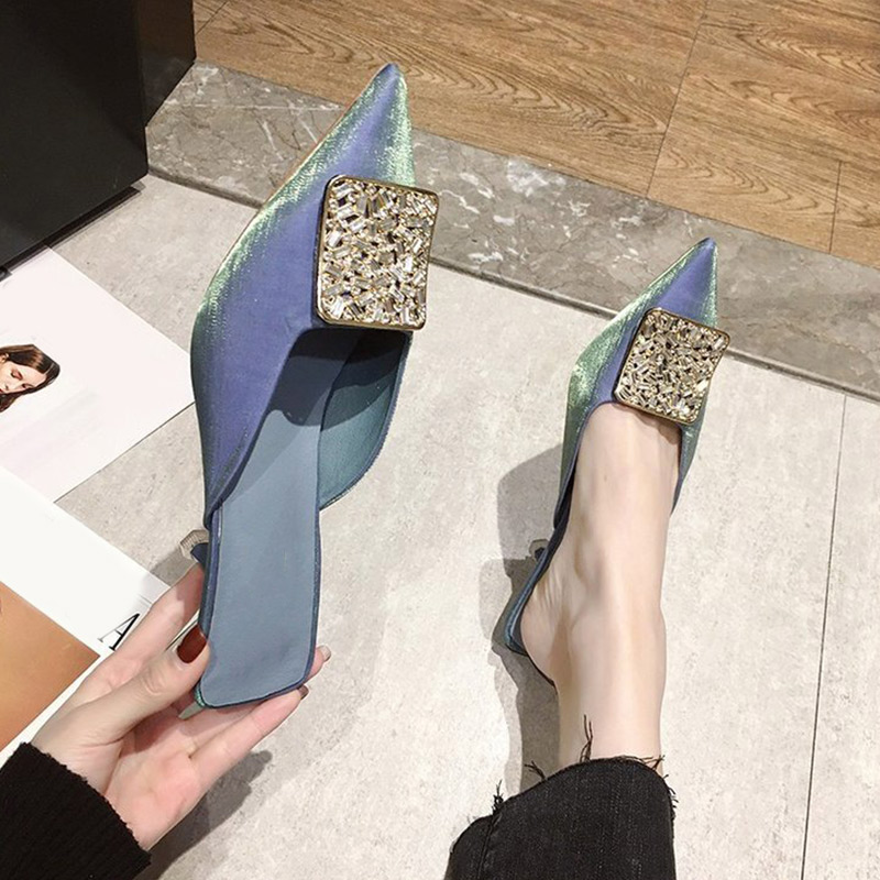 

Women's Sandals Summer Slip on Pointed Toe Ladies Crystal Thin Heels Shoes Woman Fashion Casual Sandal Female Sequined Slippers, Beige