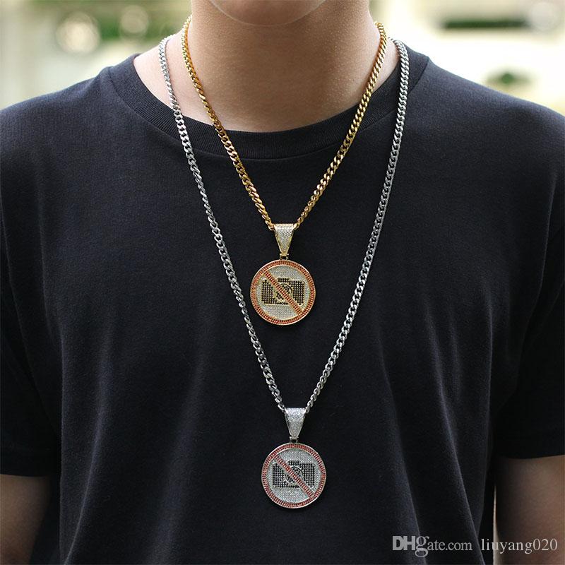 

Personality Iced No Photographic Signs Pendant With Cuban chain Gold Silver Color Bling Cubic Zircon Men's Hip hop Necklace Jewelry For Gift
