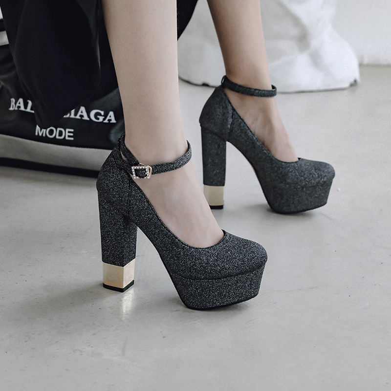 

Silver Wedding Bridesmaid Women Platform Pumps High Chunky Block Heels Gold PU Sequined Cloth Party Ankle Strap Red Ladies Shoes, Black