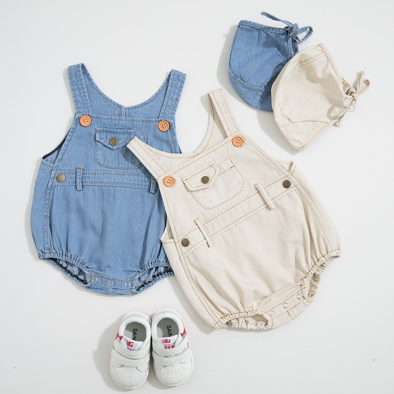 

2020 summer Newborn Infant Baby Boys Girls Romper Clothes Sleeveless Pocket Strap Denim Romper Jumpsuit fall Overalls Send hat, Beige