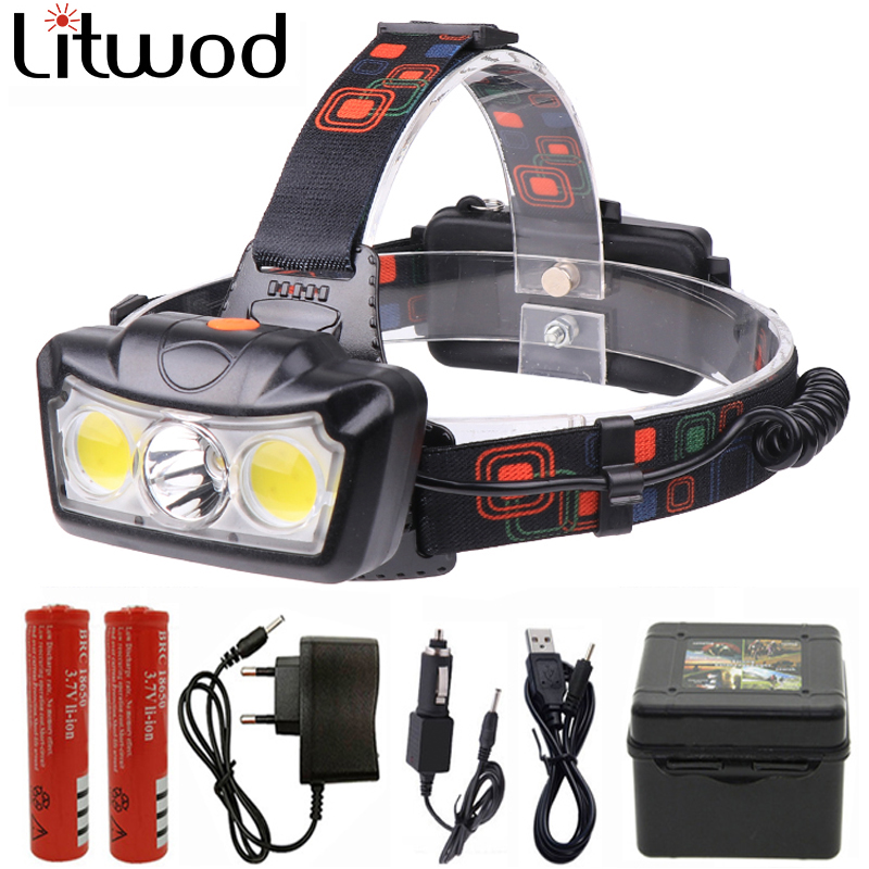 

T6+2* COB LED Headlamp Super Bright Headlight Head Lamp waterproof Torch Lanterna head light Use 2*18650 battery camping fishing