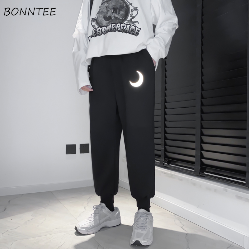 

Casual Pants Men Reflective Moon Print Solid Harem Pant Mens Simple Chic StreetWear Fashion Ulzzang Bling Loose Ins All-match, Black