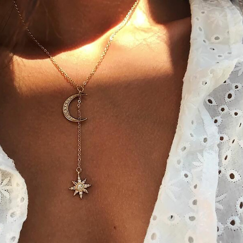 

Luxurious Natural Gemstones Moon and Star Necklace White Glod Filled 925 Sterling Silver Romantic Diamond Necklace Jewelry