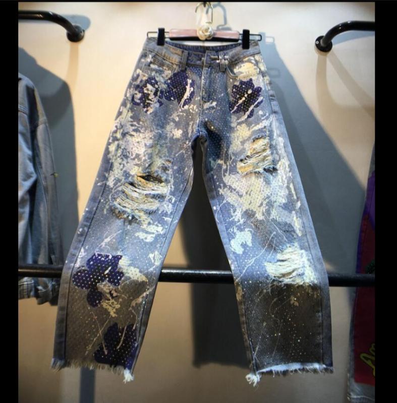 

European 2020 Spring New Heavy Industry Hot Drilling Jeans Pants Washed Holes High Waist Straight Denim Trousers Women' Pants, Blue