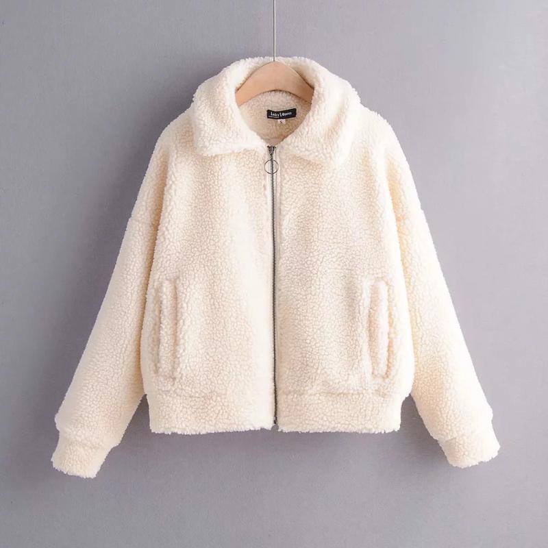 

Women sweet warm fur coat pocket zipper long sleeve female beige outwear cozy cute chic solid tops mujer, As picture
