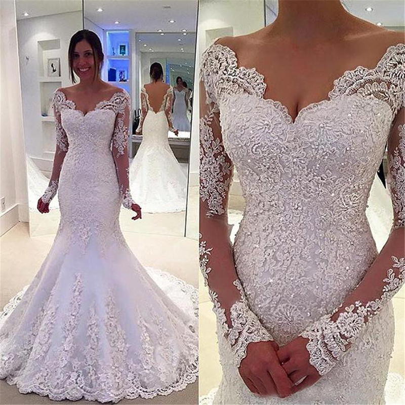 

Elegant V Neck Mermaid Long Sleeves Luxury Wedding Dress Boho Backless Bridal Gowns Appliques Beaded Custom Made Bride Dresses, White
