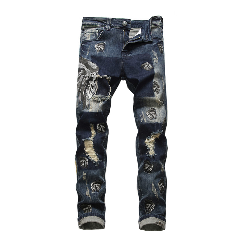 

MORUANCLE Men's tribe chief embroidery ripped jeans Holes distressed blue stretch denim pants