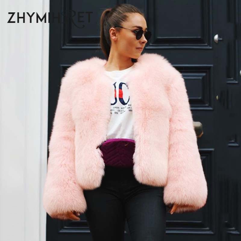 

ZHYMIHRET 2020 Winter Warm Faux Fur Coat Women Pink Long Sleeve Thick Fur Jacket Elegant Shaggy Plush Outwear Female
