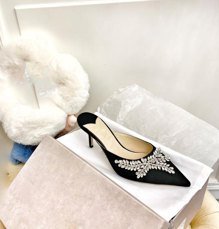 

Women's shoes crystal buckle jewelry Sequin pointed thin heel half high heel shoes shallow mouth versatile crystal beads, Black