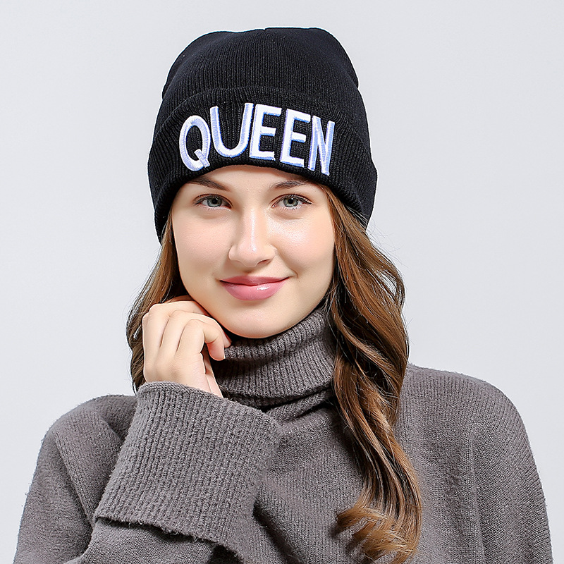 

Winter King Queen Beanies Hats For Ladies Men Women Autumn Warm Letter Embroidery Knitted Skullies Hat Hip Hop Ski Sport Caps