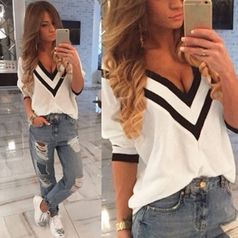 

Women Deep V Neck T-shirt 3/4 Sleeves Color Block Striped Sexy Loose Casual T Shirts Elegant Ladies Basic Autumn Pullover Top, Black