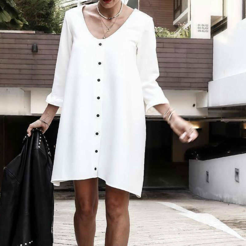 

Summer Women Casual Loose White Round Neck Three Quarter Sleeve Mini Dress, A1