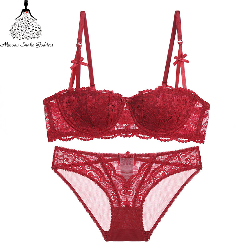 

Lace Bra Set For Women Underwear Lingerie Intimates Bra Panties Set Hlaf Cup Ultra-Thin Underwear For Young Girl Brassiere, Black