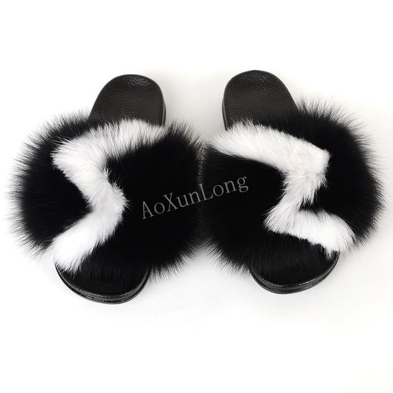 

Women Real Fur Slippers Home Non-slip Fur Slides Ladies Cute Sandals Casual Holiday Shoes Female Plush Flat Slippers, As the picture shows