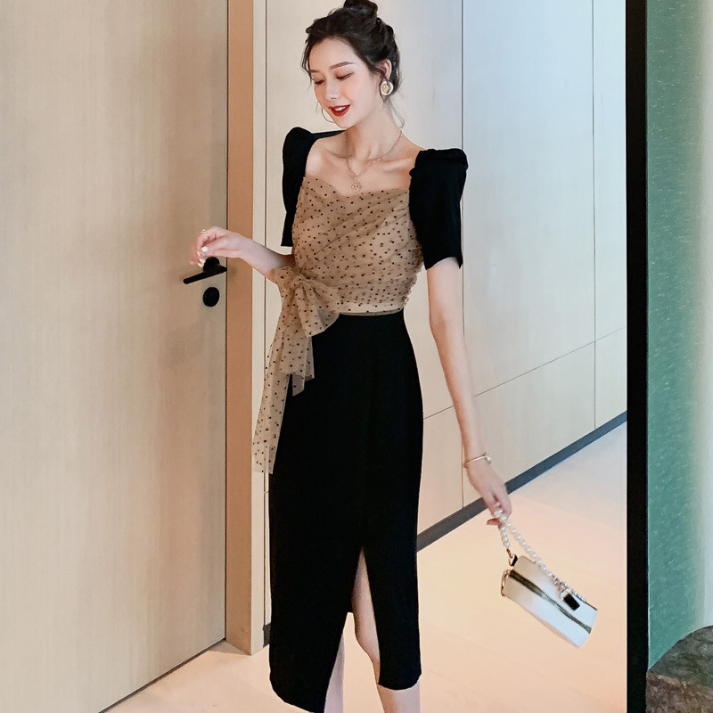 

Summer Vintage Square Collar Short Sleeve Dress Women Streetwear Patchwork Mesh Slim Party Dress High-end Vacation Vestido, Black