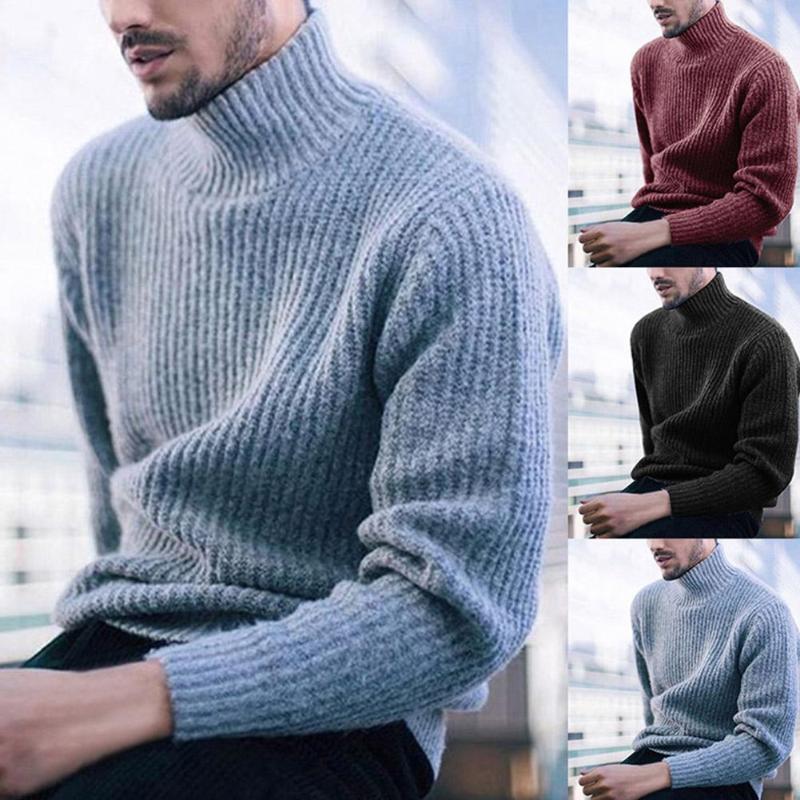 

Fashion Men Sweaters Solid Color Turtleneck Long Sleeve Casual Pullover Knitted Sweater Men's Clothes, Red