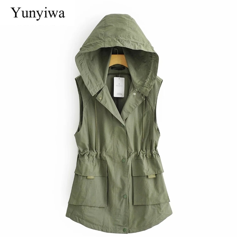 

New 2020 Women safari style pockets patch hooded vest jacket female elastic waist casual slim waistCoat outwear coats tops CT515, As pic ct515yg