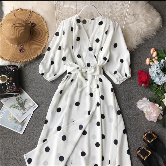

Ladies Vintage Robe New Summer Women 3/4 Sleeve Holiday Wind Slim A-line Dress Vestidos Vintage Dot Printed V-neck Dress LJ843, Black