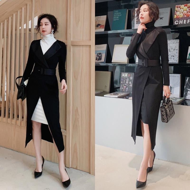 

Two Piece Womens Sets Dress Autumn Office Lady Sexy Split Midi Business Dress Suits Vestidos Robe Femme, Black and black
