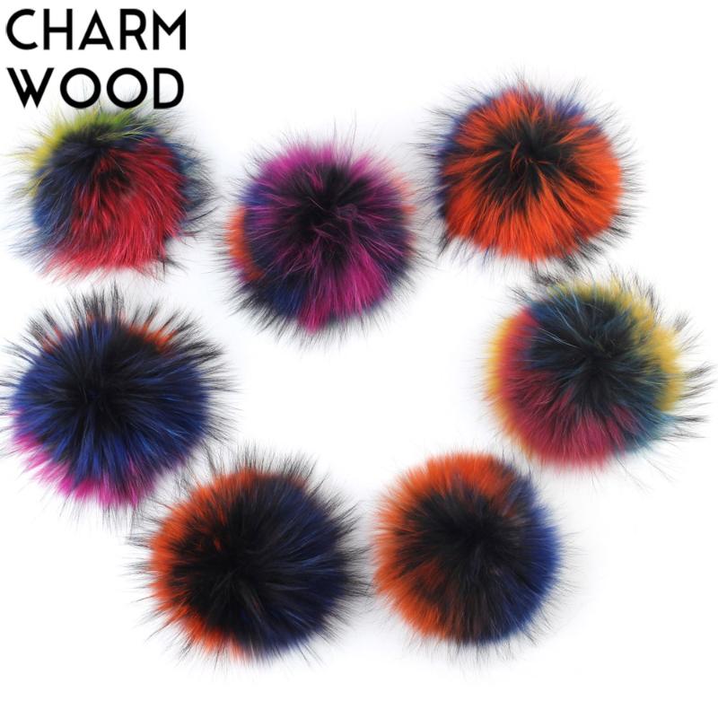 

Wholesale 1 Pcs 15 cm Rainbow Color Raccoon Fur Pompom Winter Women's Beanie with Fur Ball Pompom Hat Accessories Mixed Pompon, Random rainbow color
