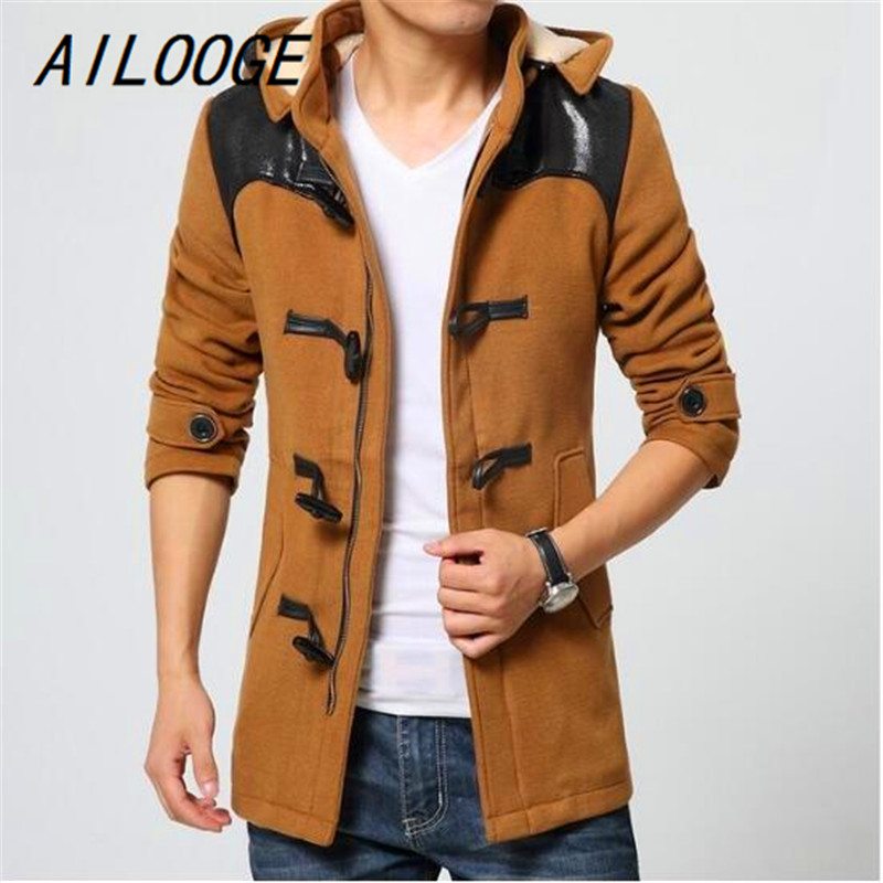 

AILOOGE New Brand Fashion Mens Long Hooded Fur Fleece Trench Coats Jackets Warm Thicken Woolen Parkas Fur Hooded Quilted Coats, Black