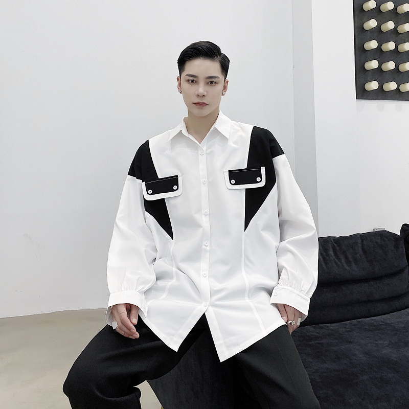 

Male streetwear fashion hip hop dress shirts men black white splice casual loose long sleeve shirt, 3974 black