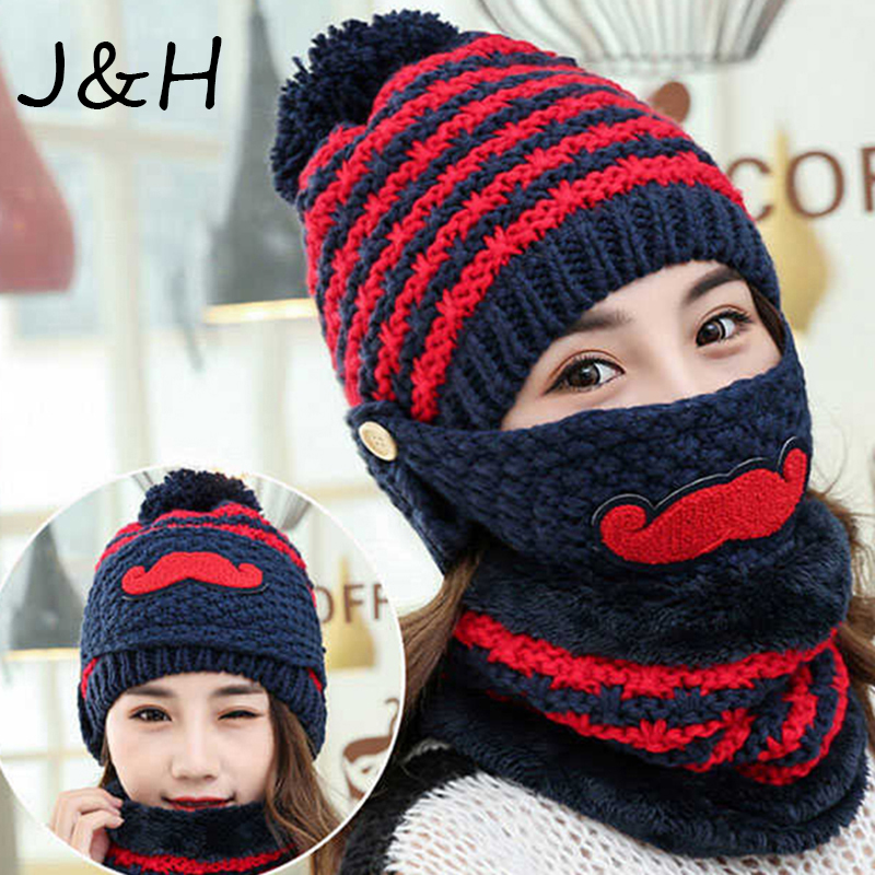 

Cute Winter Women Stripe Knit Crochet Beanie Hat Scarf Mask Wool Thickening Warm Hat Outdoor Ski Windshield Gift, Blue