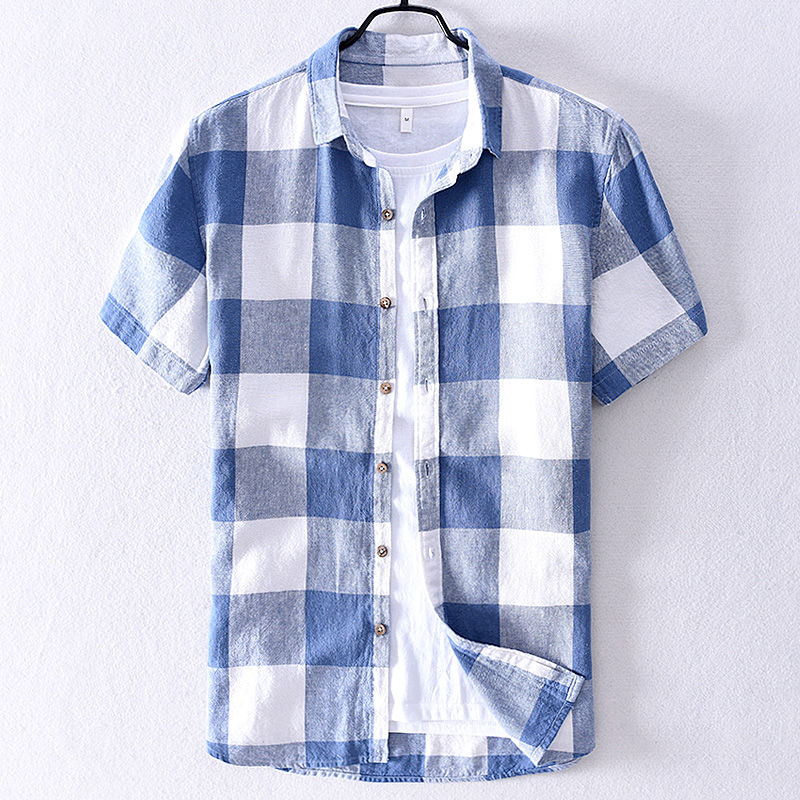 

2020 Mens plaid linen short-sleeved shirt summer cotton shirt for men brand trend shirts men fashion casual shirts male chemise, Light blue