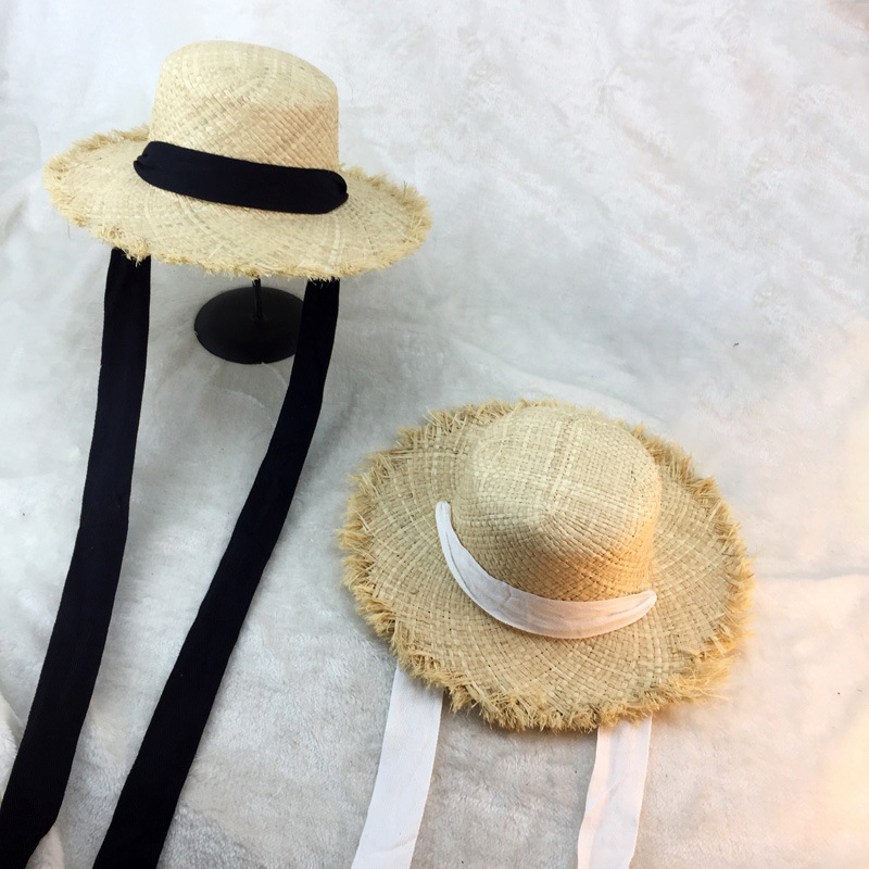 

Summer Women Beach Raffia Black White Ribbon Hat Bow Raffia Hat Temperament Flat Cap Straw Hats Women's Seaside