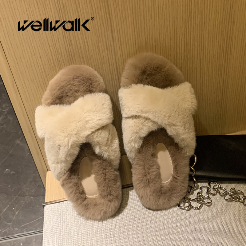 

Real Fur Slippers Women Indoor Shoes Woman Flat Furry Slides Round Toe Fluffy Slippers Cross Strap New 2020, Beige