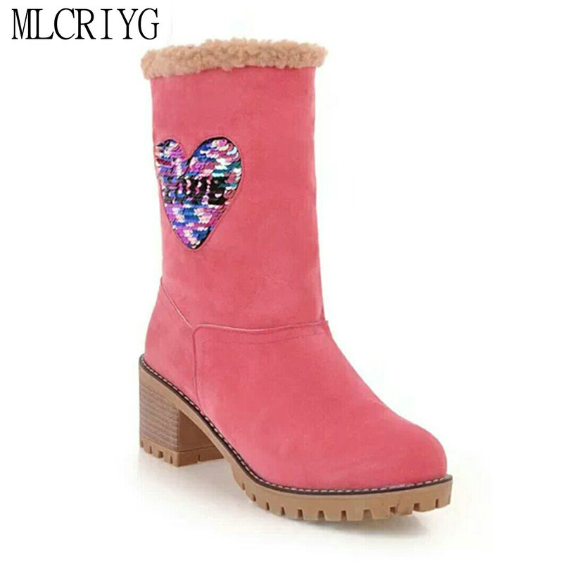 

Plus Size 35-52 Nice Mid Calf Boots Women Winter Fur Inside Casual Shoes Woman 5.5cm High Heels Female Soft Warm Heart Boot, Brown