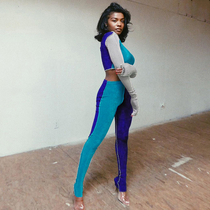 

Women Striped Patchwork O-neck Tracksuit Full Sleeve Crop Top Sporty Matching Set Bodycon Elastic Skinny Streetwear Outfit 2020, Blue
