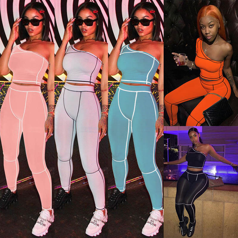 

womens workout 2 two piece tracksuits sexy One Shoulder crop top leggings pants outfits set gym Yoga Sports suits jogging clubwear clothing, Black