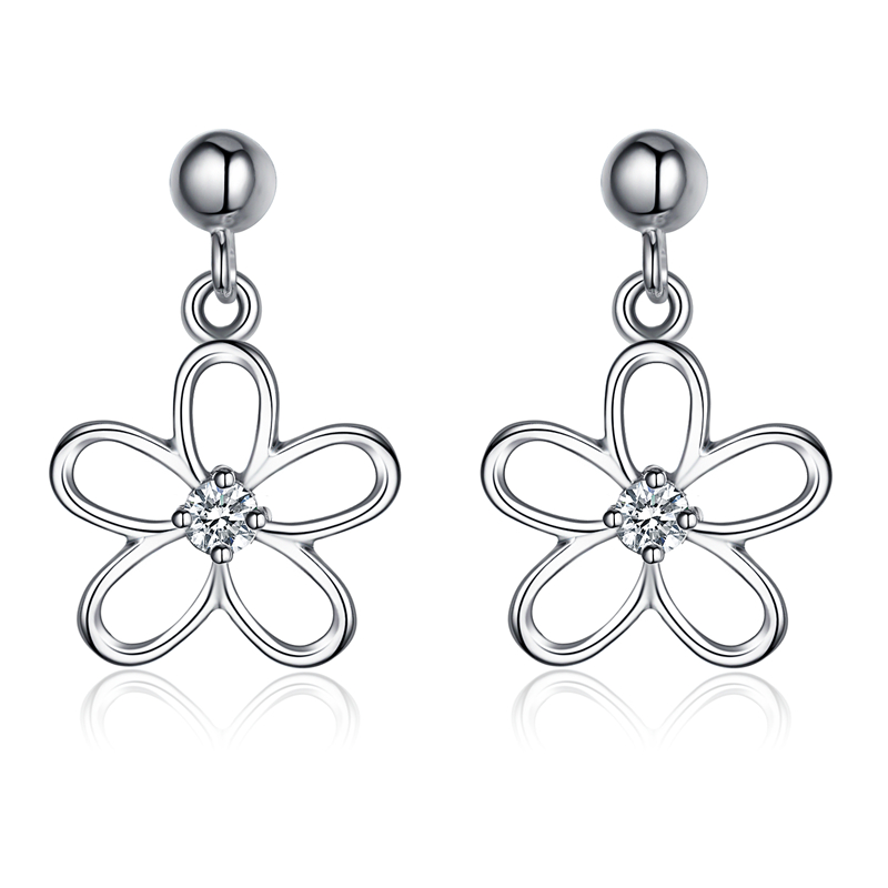 

925 Sterling Silver Earring Dangle Drop Flower Lovely Cute Clear CZ Stud Earring for Women Girls Gift Korean Fashion Jewelry