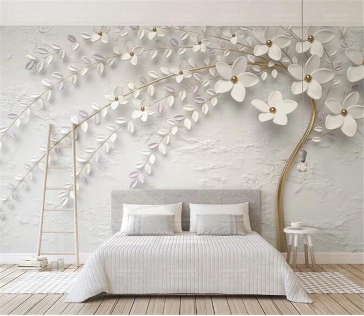 

Custom Mural Wallpaper 3D Stereo Embossed White Flower Branch Photo Wall Paper Living Room Bedroom Home Decor 3D Papel De Parede, Silk cloth