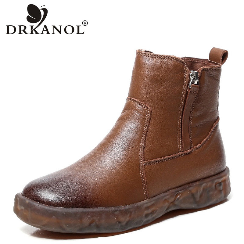 

DRKANOL 2020 Autumn Winter Basic Women Ankle Boots Botas Mujer Soft Non Slip Retro Genuine Leather Zipper Keep Warm Cotton Shoes, Short plush brown