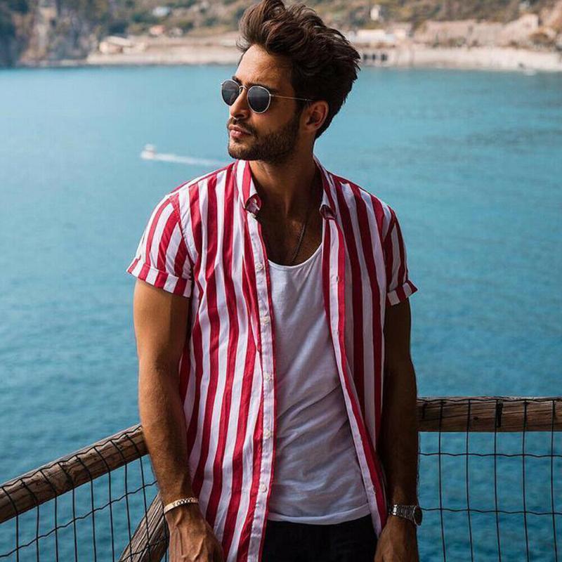 

2020 Men Fashion Short Sleeve Regular Fit Button Down Shirt Casual Vertical Striped Shirt Stylish Formal Casual Top, Black