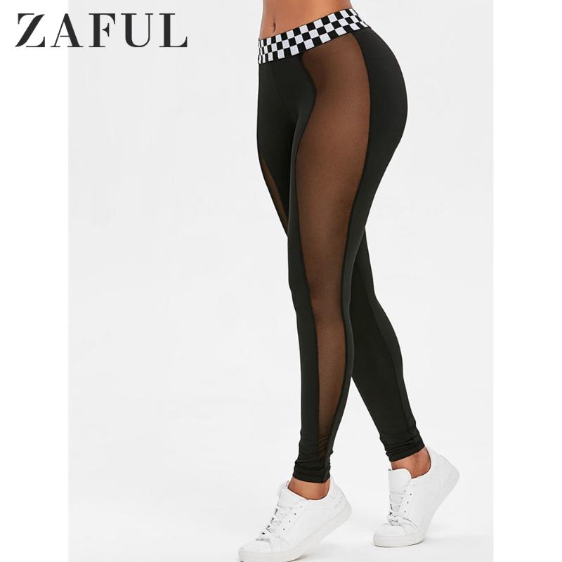 

Women' Leggings ZAFUL Mesh Panel Contrast Waistband Fashion Women Slim Elasticity Fitness Leggins Woman Pants, Black