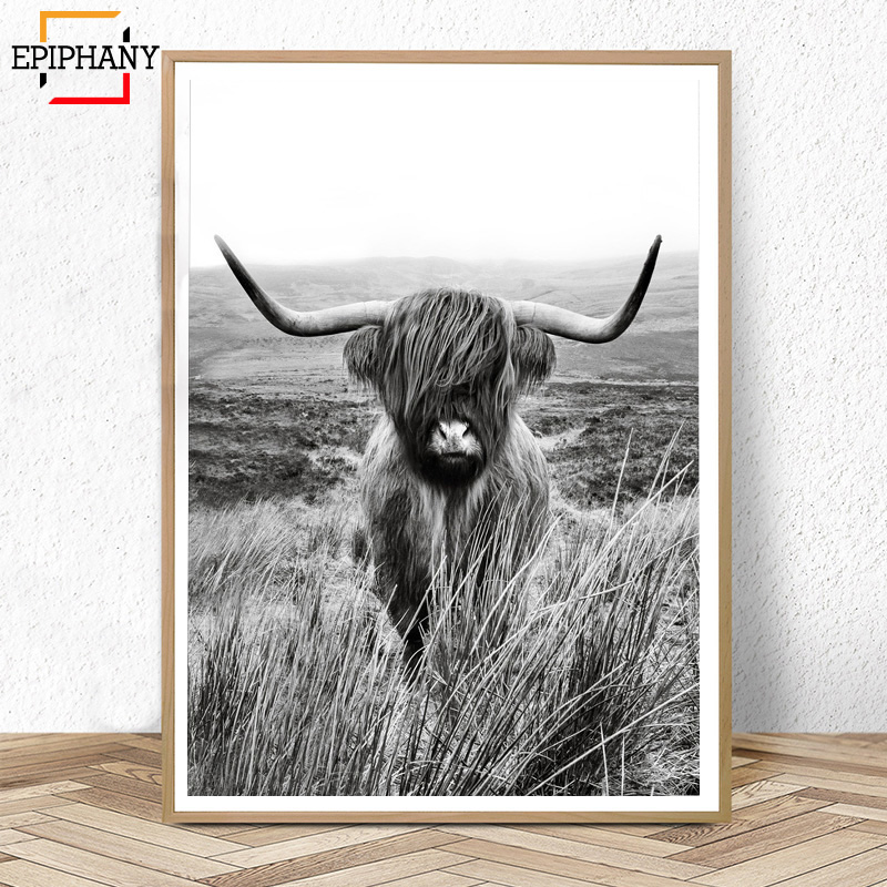 

Black and White Highland Cow Print Farmhouse Decor Wall Art Canvas Painting Animal Large Posters Living Room Bedroom Pictures