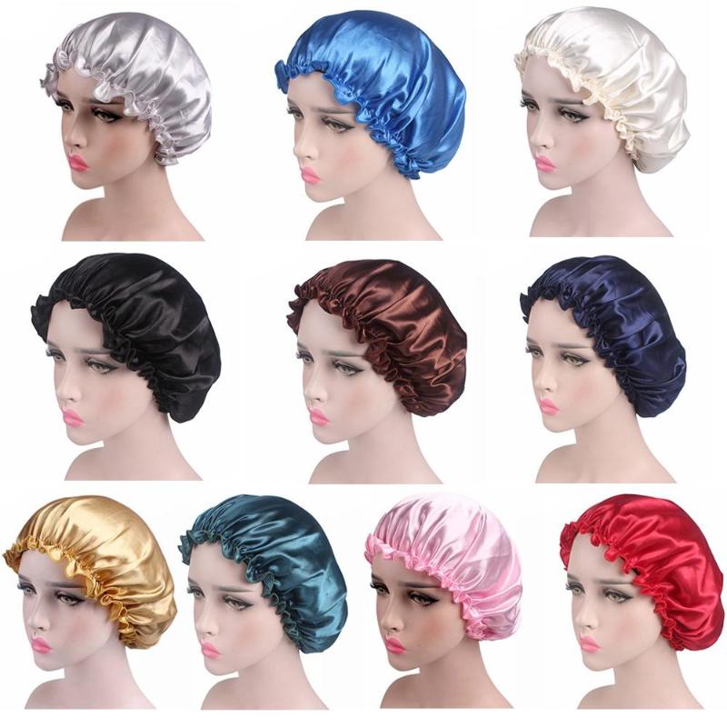 

Women Satin Silky Bonnet Sleep Night Cap Solid Color Ruffle Chemo Hat Head Cover M7DD, Silver
